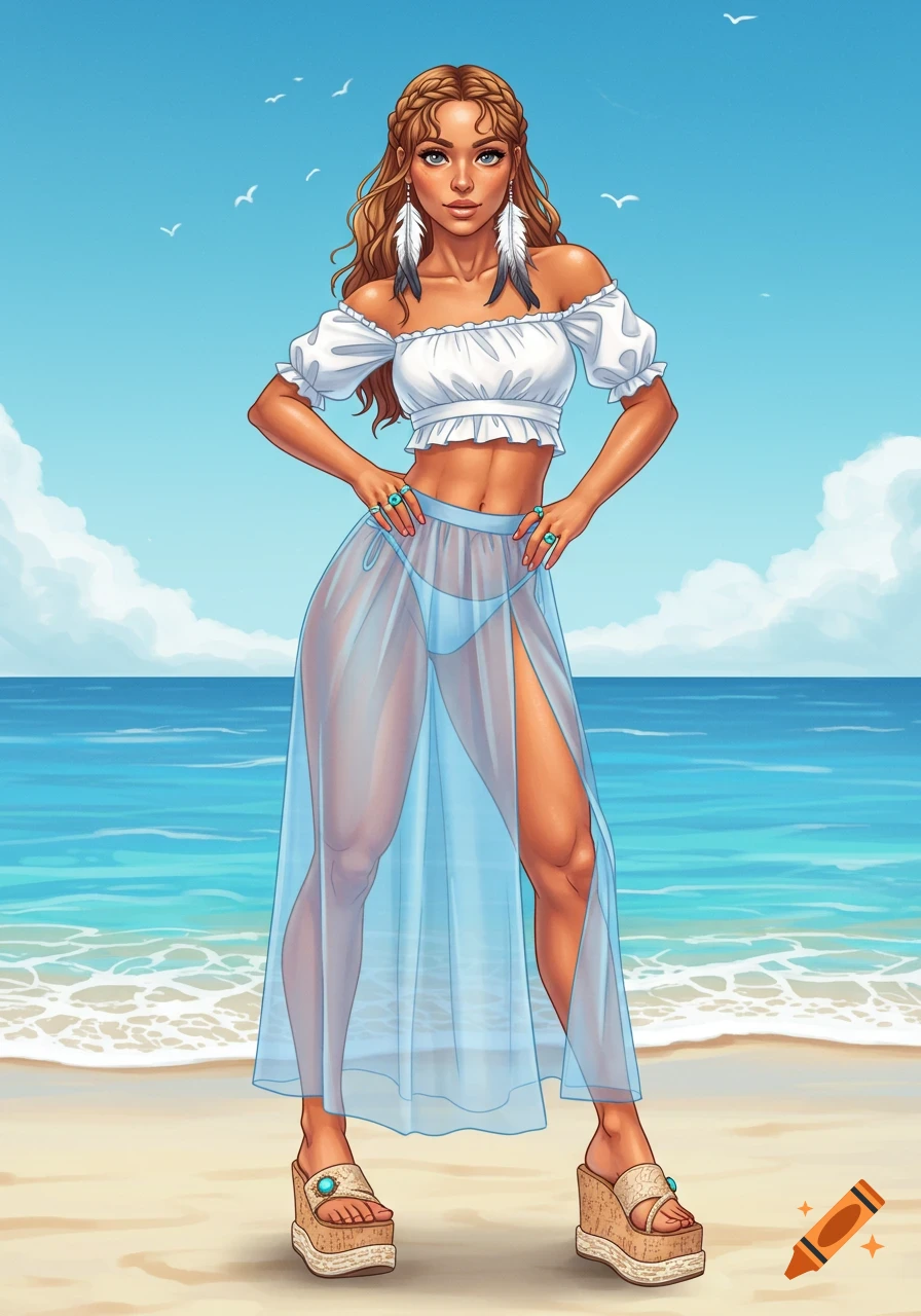 A woman with a braid crown hairstyle stands on a beach, wearing a white off-the-shoulder crop top, a sheer blue maxi skirt over bikini bottoms, and platform wedge sandals.