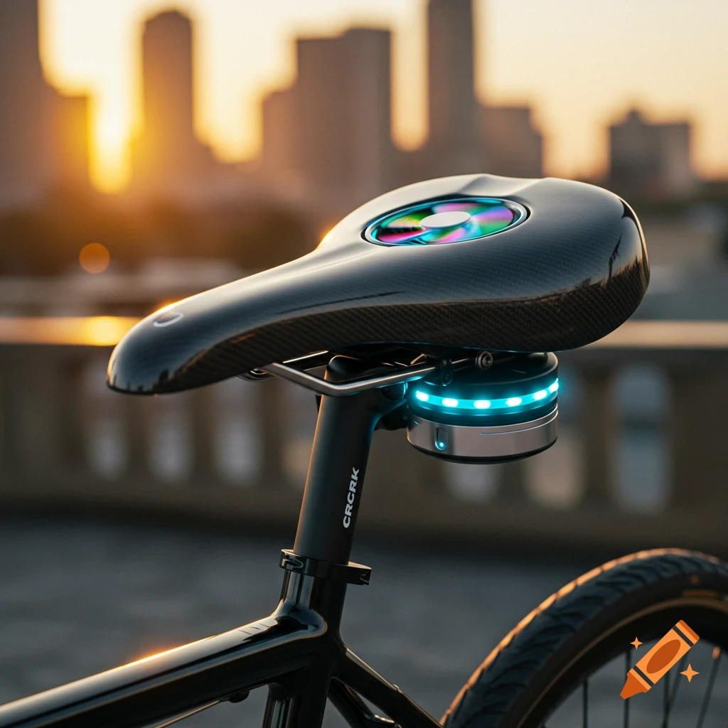 A black bicycle seat with a colorful glowing fan and a blue light ring attached, against a blurry city skyline at sunset.