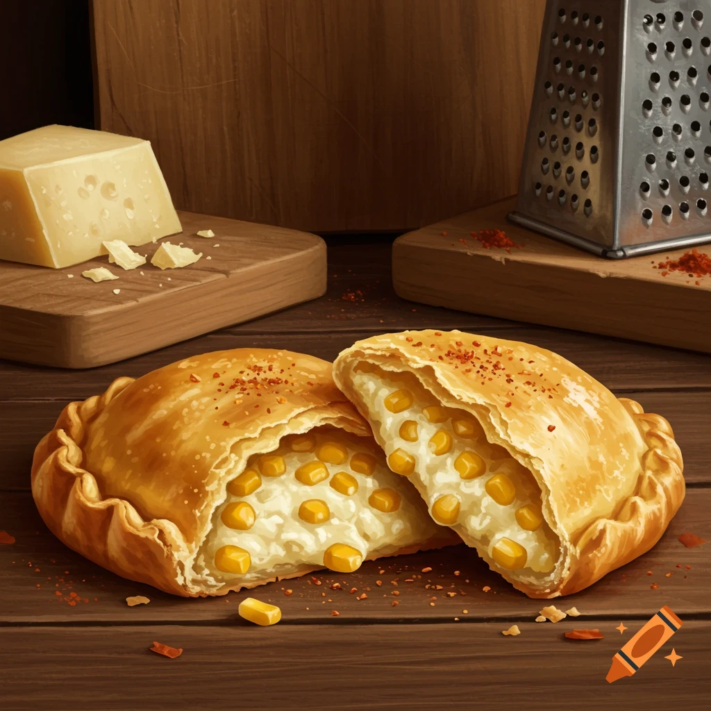 Two golden-brown empanadas with creamy corn filling on a wooden table, with cheese and a grater in the background. Photorealistic style.
