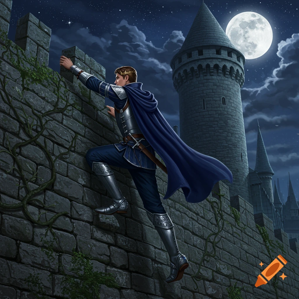 A prince in armor and a blue cape climbs a stone castle wall at night under a full moon and starry sky. Digital painting.