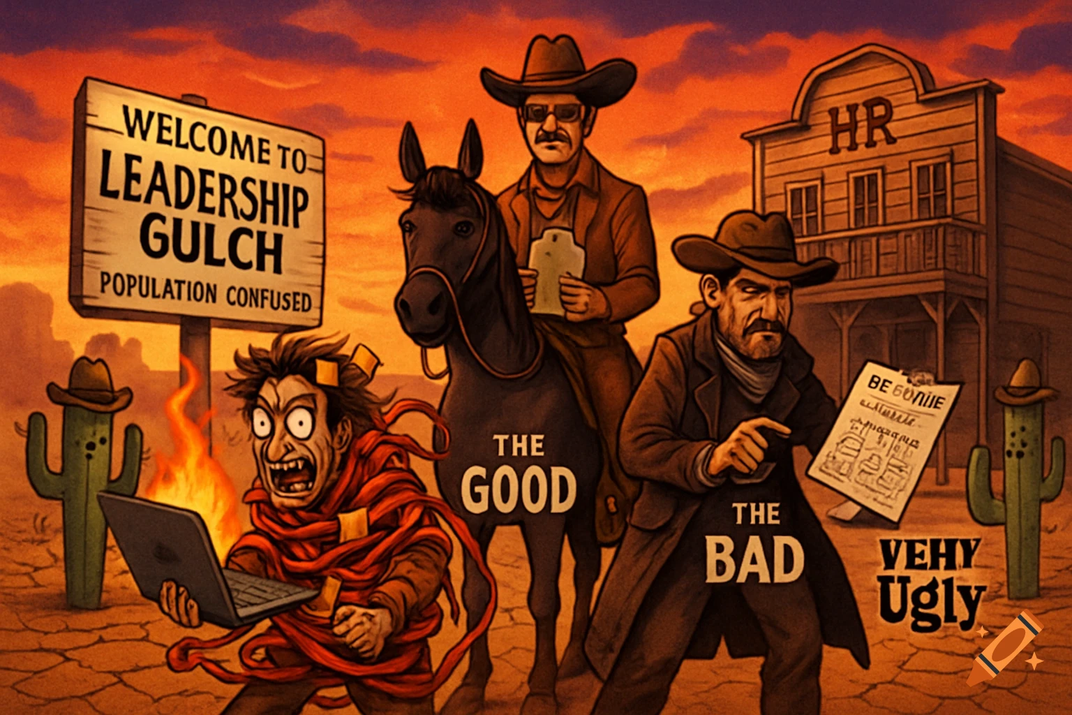 Cartoon western scene with three characters: 'The Good' cowboy on a horse, 'The Bad' outlaw with a clipboard, and 'VEHY Ugly' character tangled in red tape with a laptop. A sign reads 'Welcome to Leadership Gulch Population Confused'.