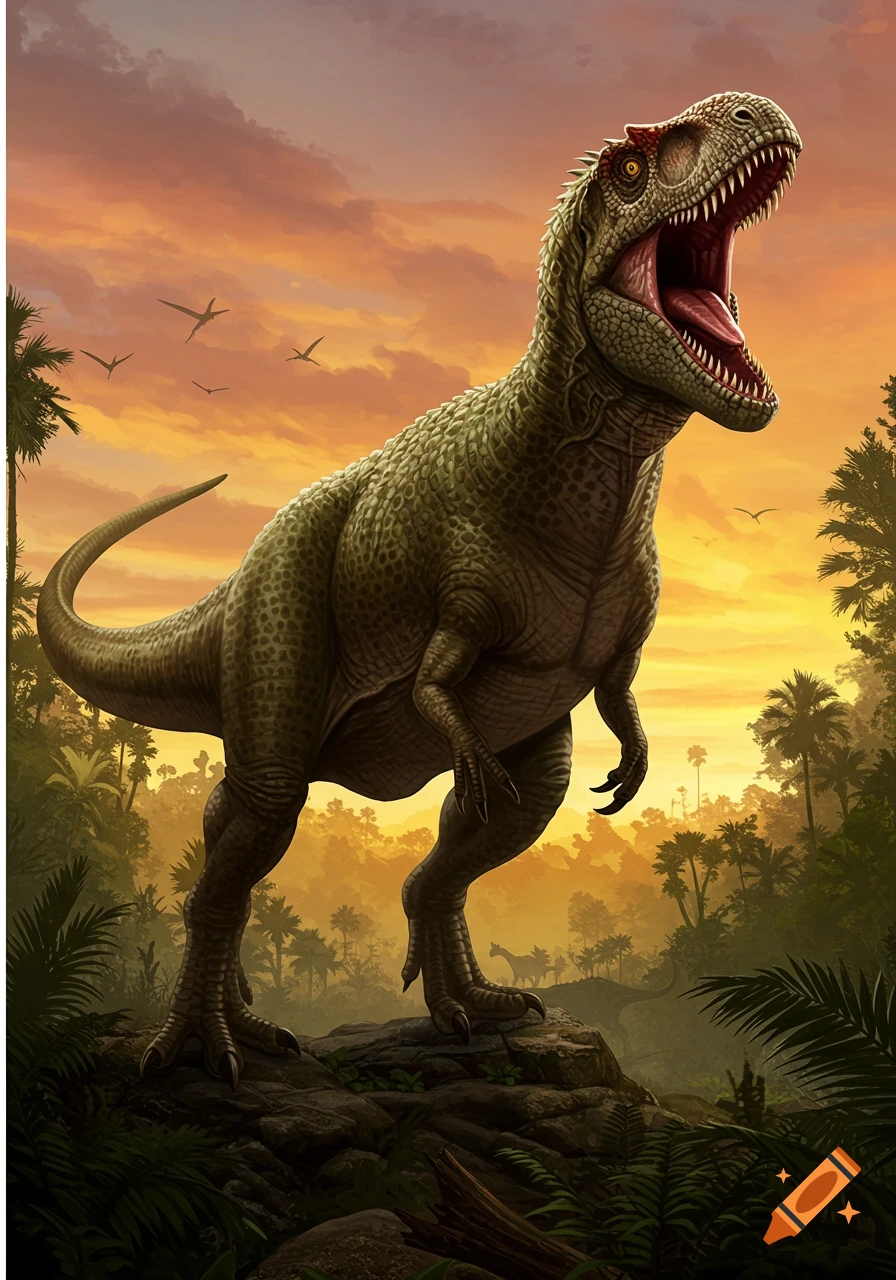 A large theropod dinosaur with its mouth open, roaring on a rock in a prehistoric jungle at sunset.