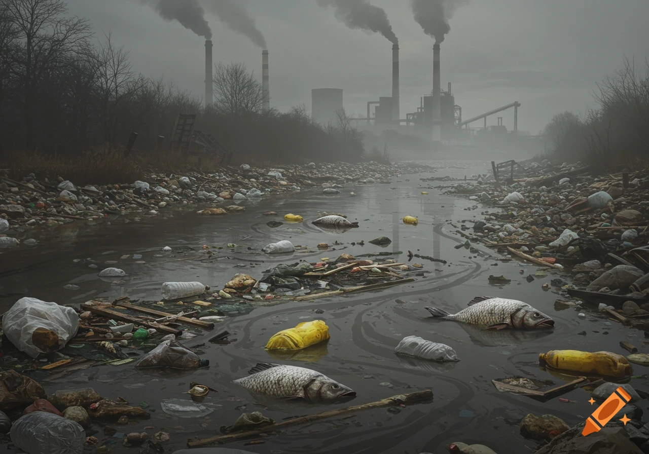 A dark, polluted river filled with floating trash and dead fish, with industrial smokestacks in a foggy background.