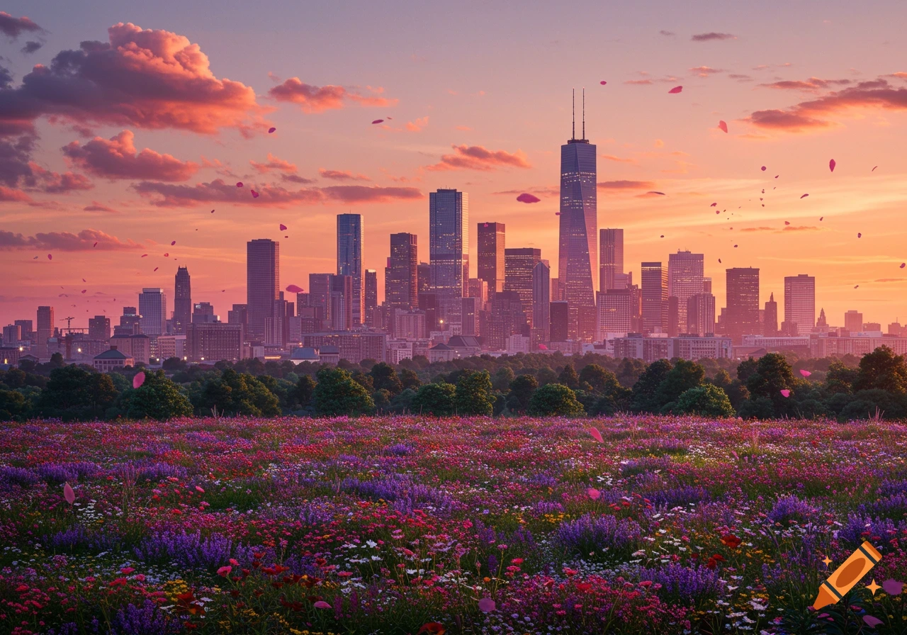 A vibrant field of purple and pink flowers with a modern city skyline under a pink and orange sunset sky, with falling petals.