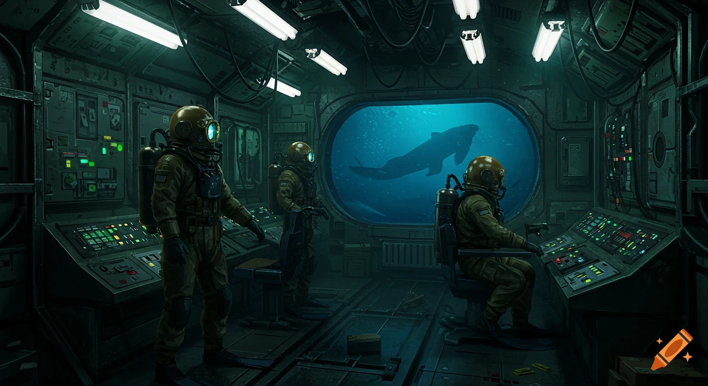 Three divers in yellow suits operate controls inside a futuristic submarine, looking out a large porthole at a giant whale-like creature swimming in the deep blue ocean.