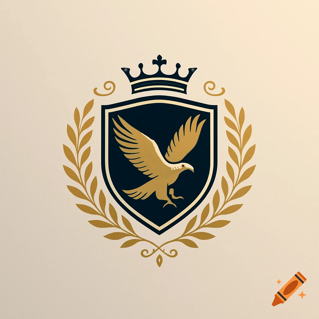 A gold and dark blue heraldic emblem featuring an eagle on a shield, topped with a crown and framed by olive branches.