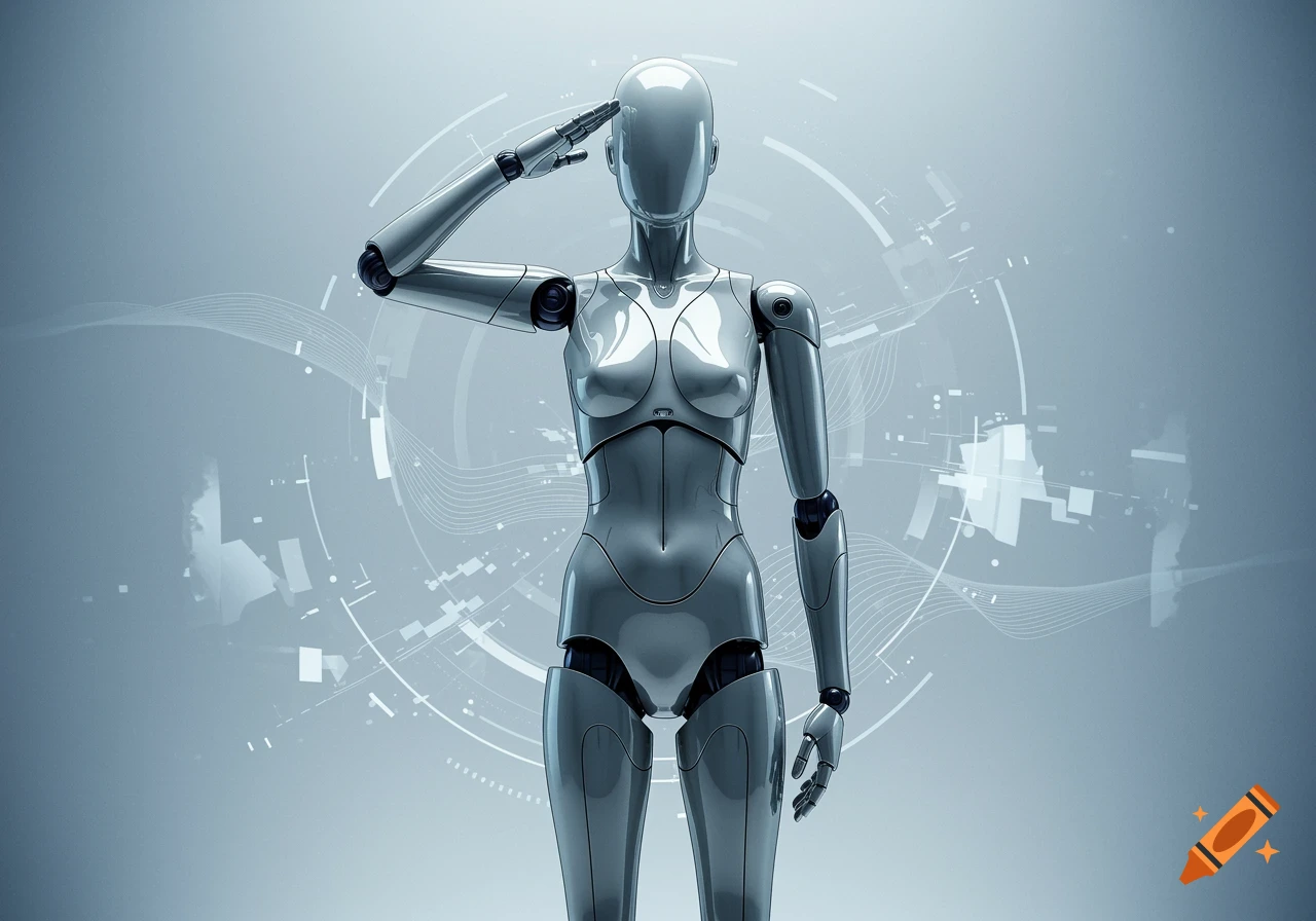 A shiny silver humanoid robot or mannequin stands at attention, saluting with its right hand against a grey background with glowing digital lines.