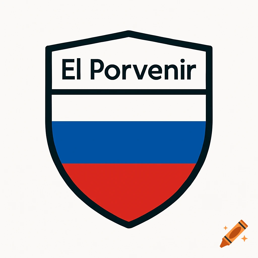 A minimalistic shield logo with the text 'El Porvenir' above white, blue, and red horizontal stripes.
