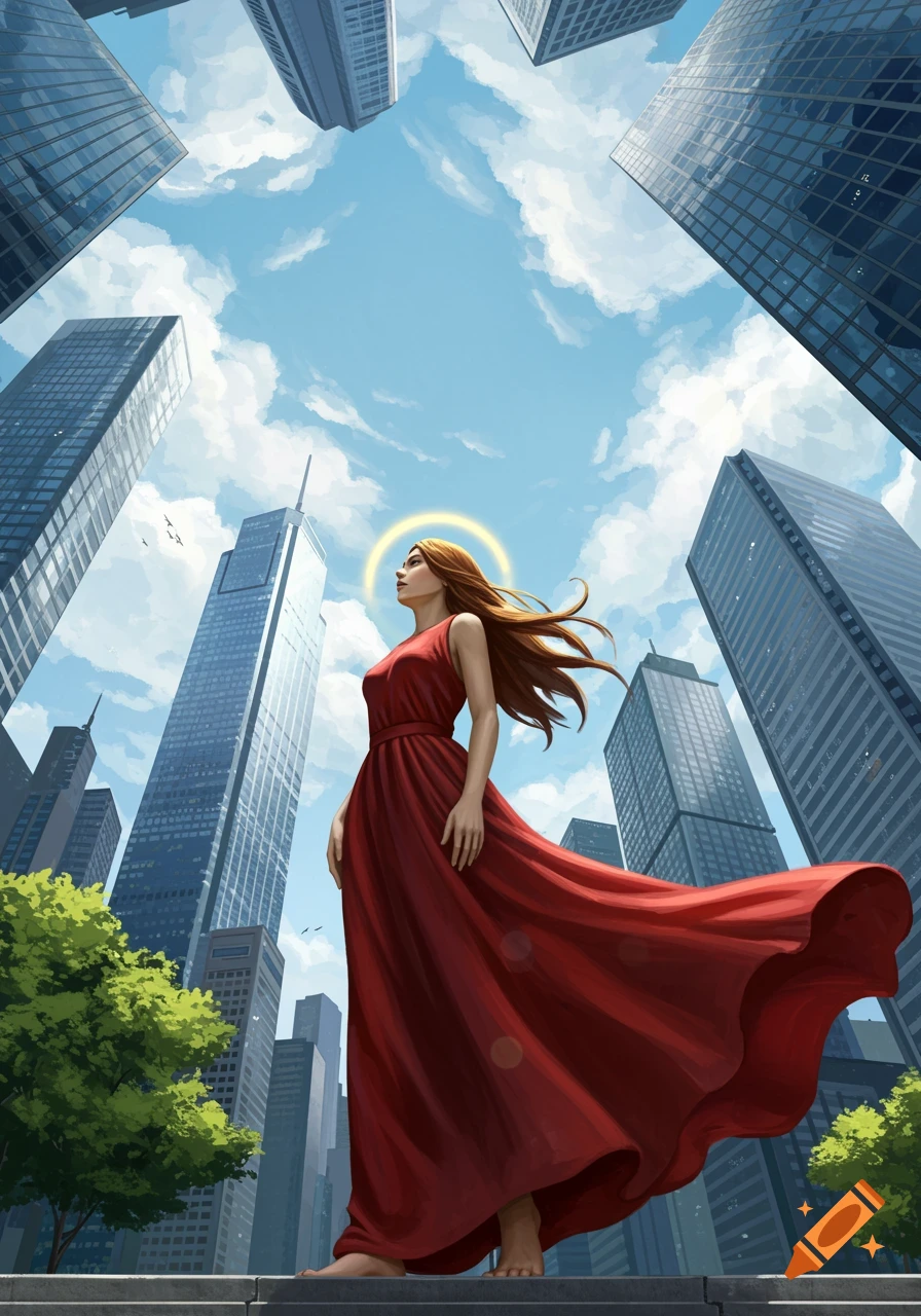 A woman in a red dress with a halo stands on steps, looking up at tall city buildings from a low angle under a blue sky.