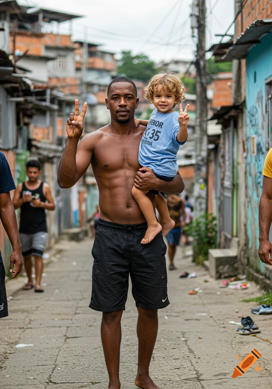 A shirtless man with a buzzcut holds a smiling child with curly blonde hair, both flashing peace signs on a street in a favela.
