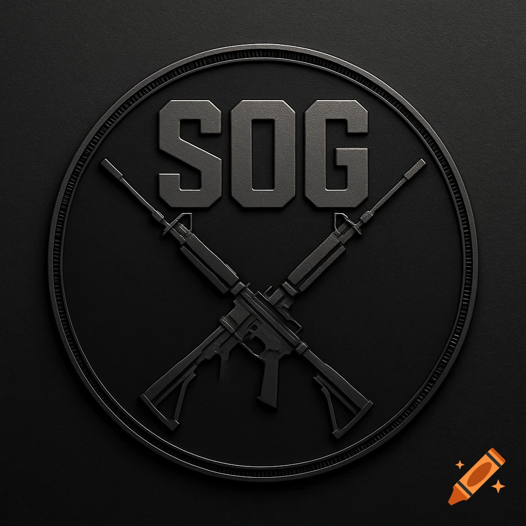 A matte black circular logo featuring two crossed tactical rifles with the letters 'SOG' above them.