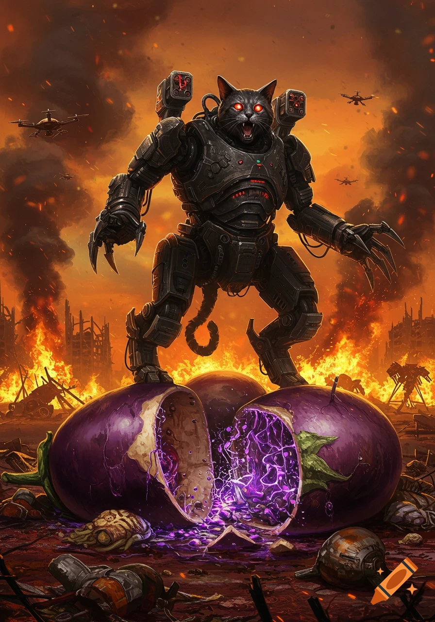 Massive black mech-cat roaring on giant split eggplants in a burning post-apocalyptic city with drones overhead.