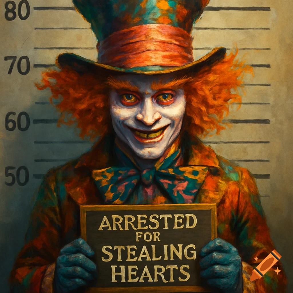 A stylized, painterly image of the Mad Hatter in a mug shot, with wild orange hair, a creepy grin, and bright eyes, holding a sign that reads "ARRESTED FOR STEALING HEARTS" in front of a height chart.