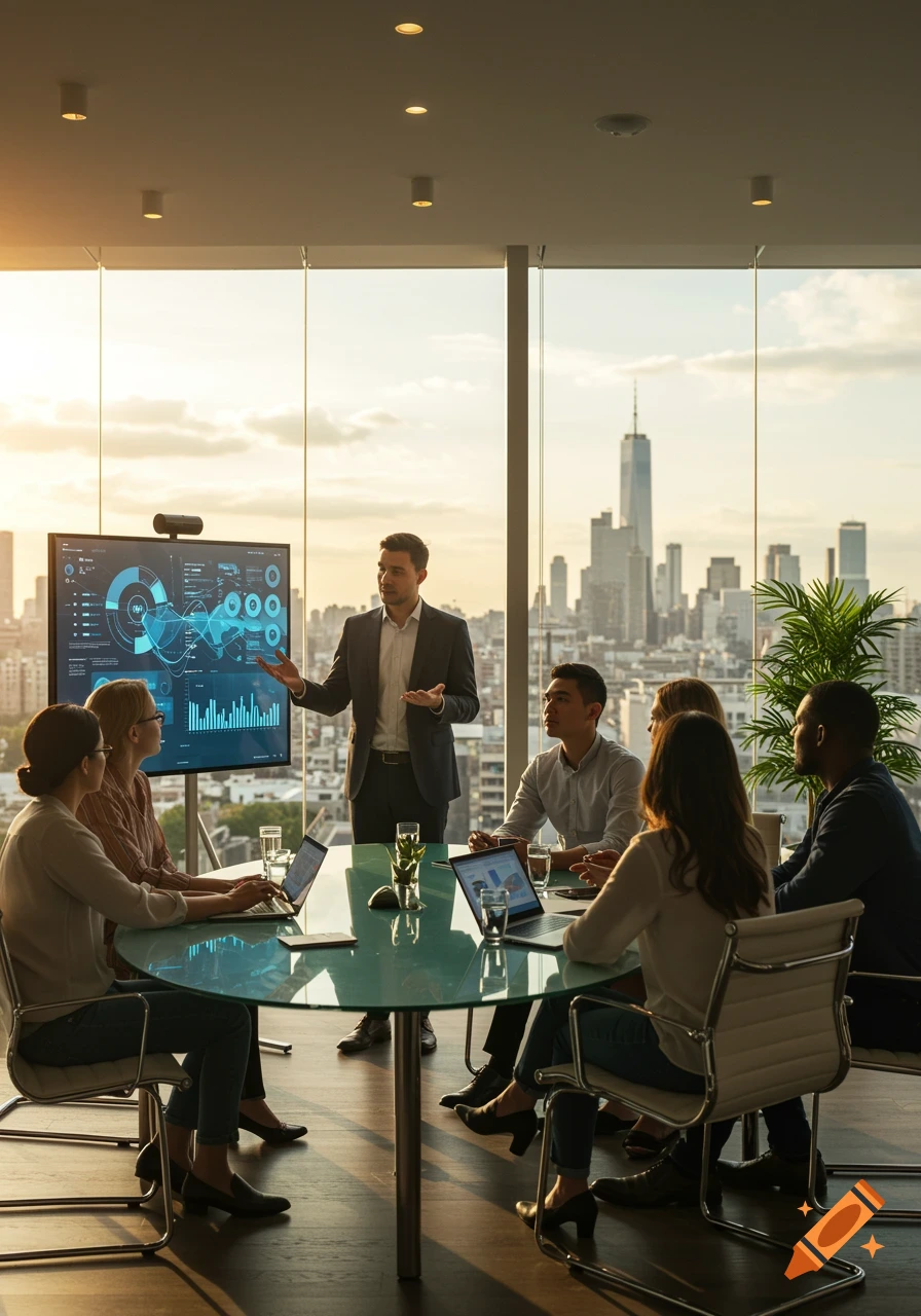 A man presents data on a large screen to colleagues sitting around a table in a high-rise office with a city skyline view at sunset.