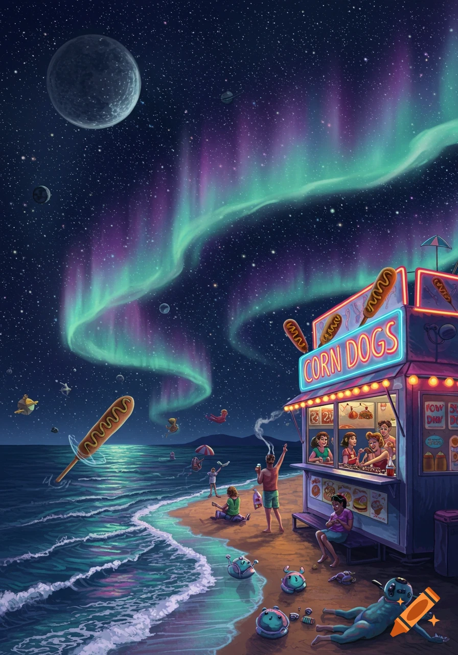 A vibrant fantasy illustration of a corn dog stand on a beach at night, under a colorful aurora and a starry sky with planets.