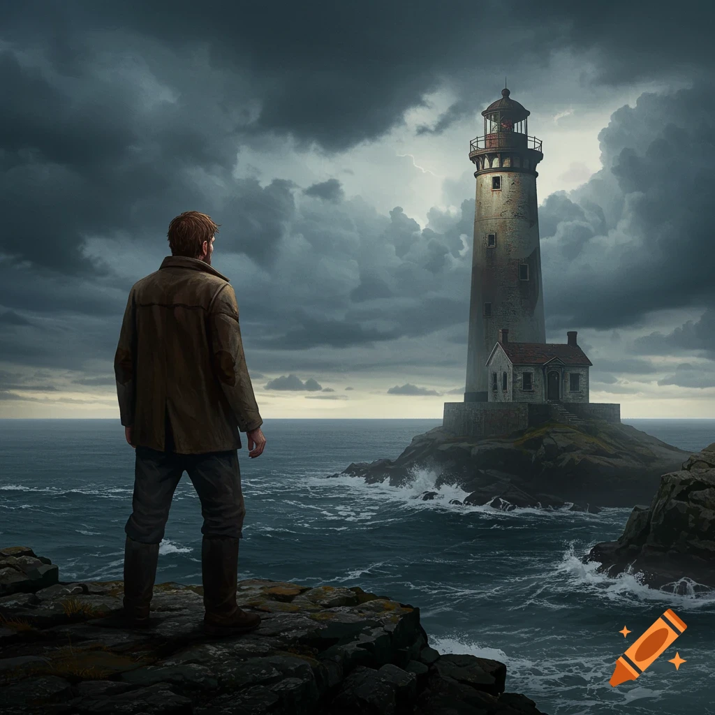 Painting of a man on a cliff looking at a lighthouse on a stormy sea.