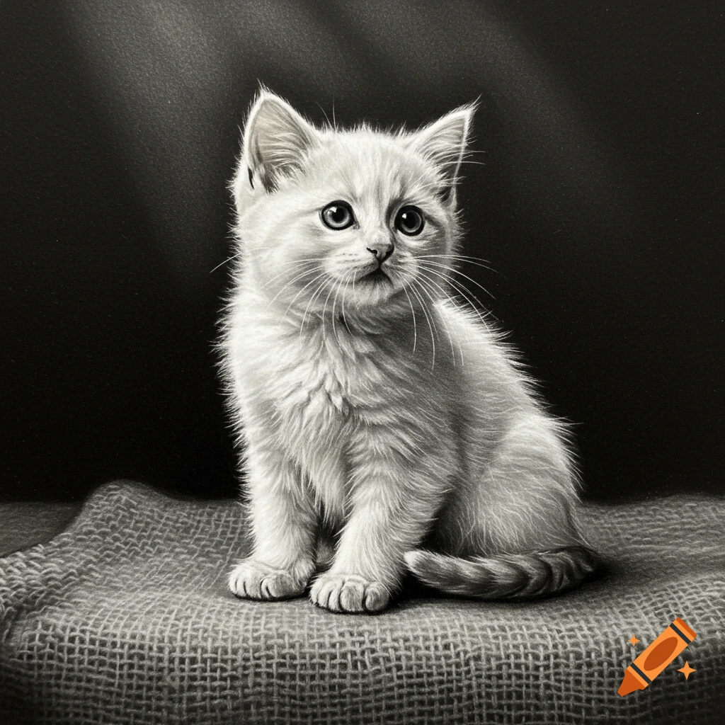 A monochrome charcoal sketch of a fluffy white kitten sitting on a textured blanket against a dark background.