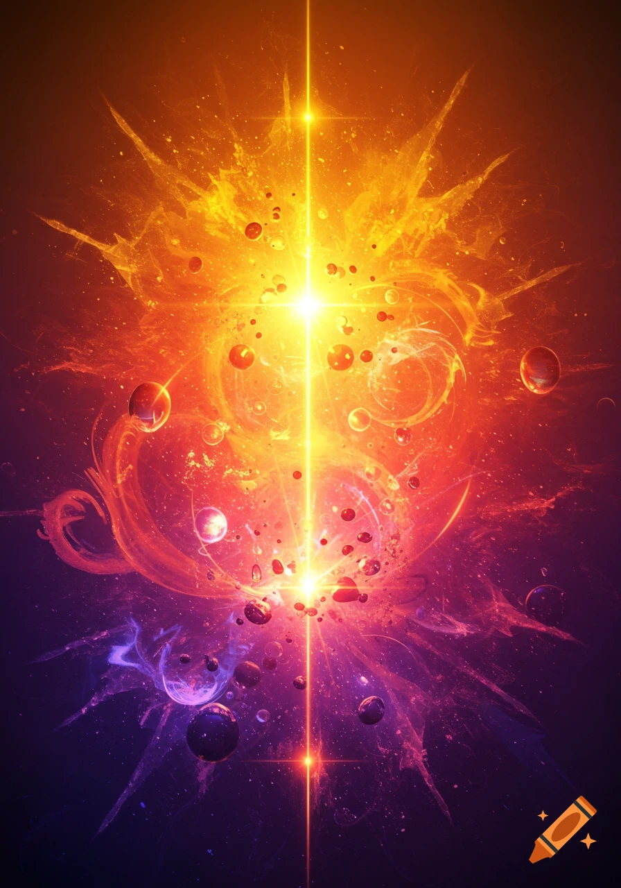 A vibrant abstract image of a bright central light beam exploding with orange and red energy, surrounded by spheres, fading to purple and blue at the bottom.