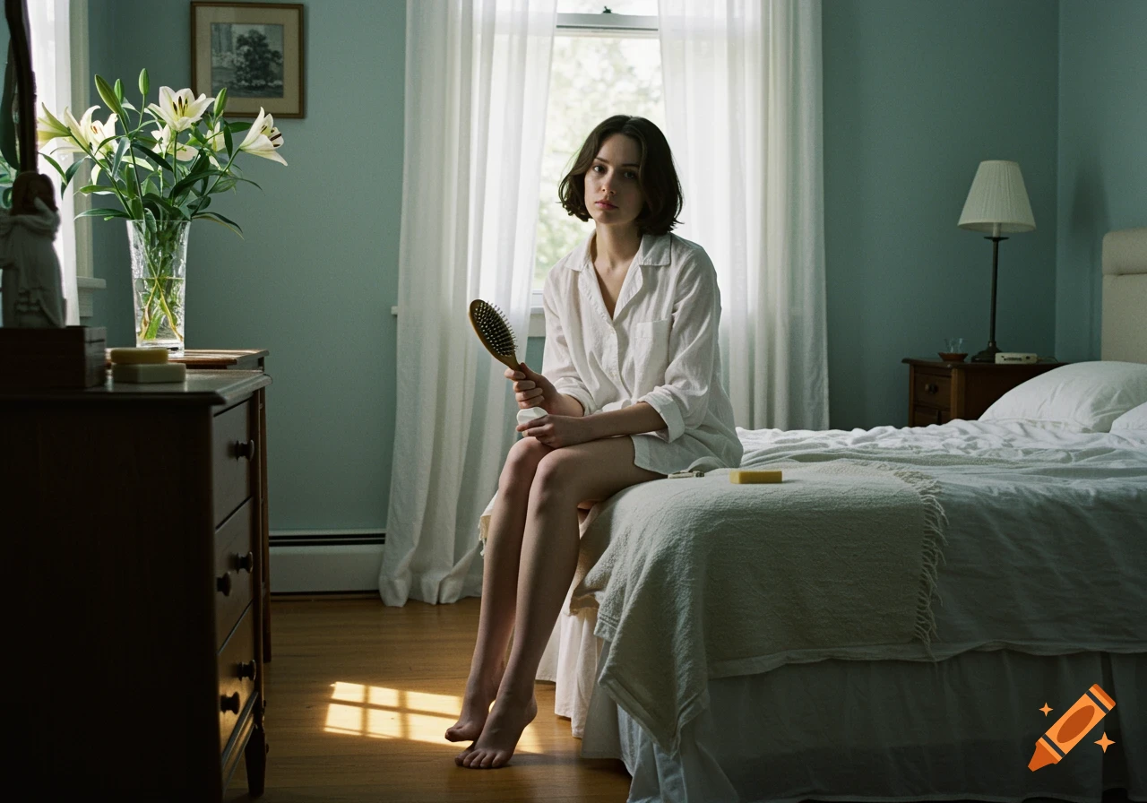 A young woman sits on a bed in a softly lit bedroom, holding a hairbrush.