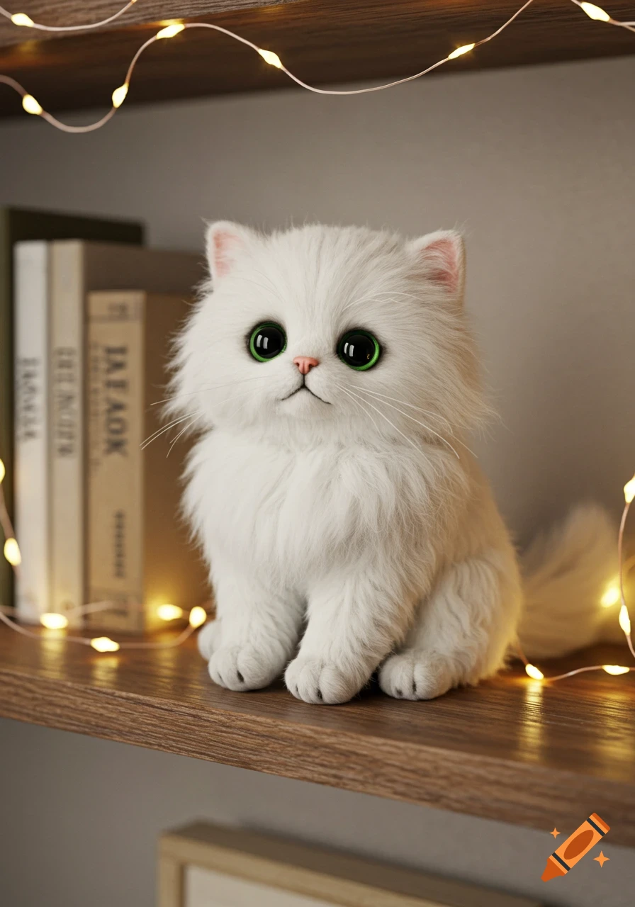 A cute fluffy white Persian cat plushy with large green eyes sits on a wooden shelf with fairy lights and books.