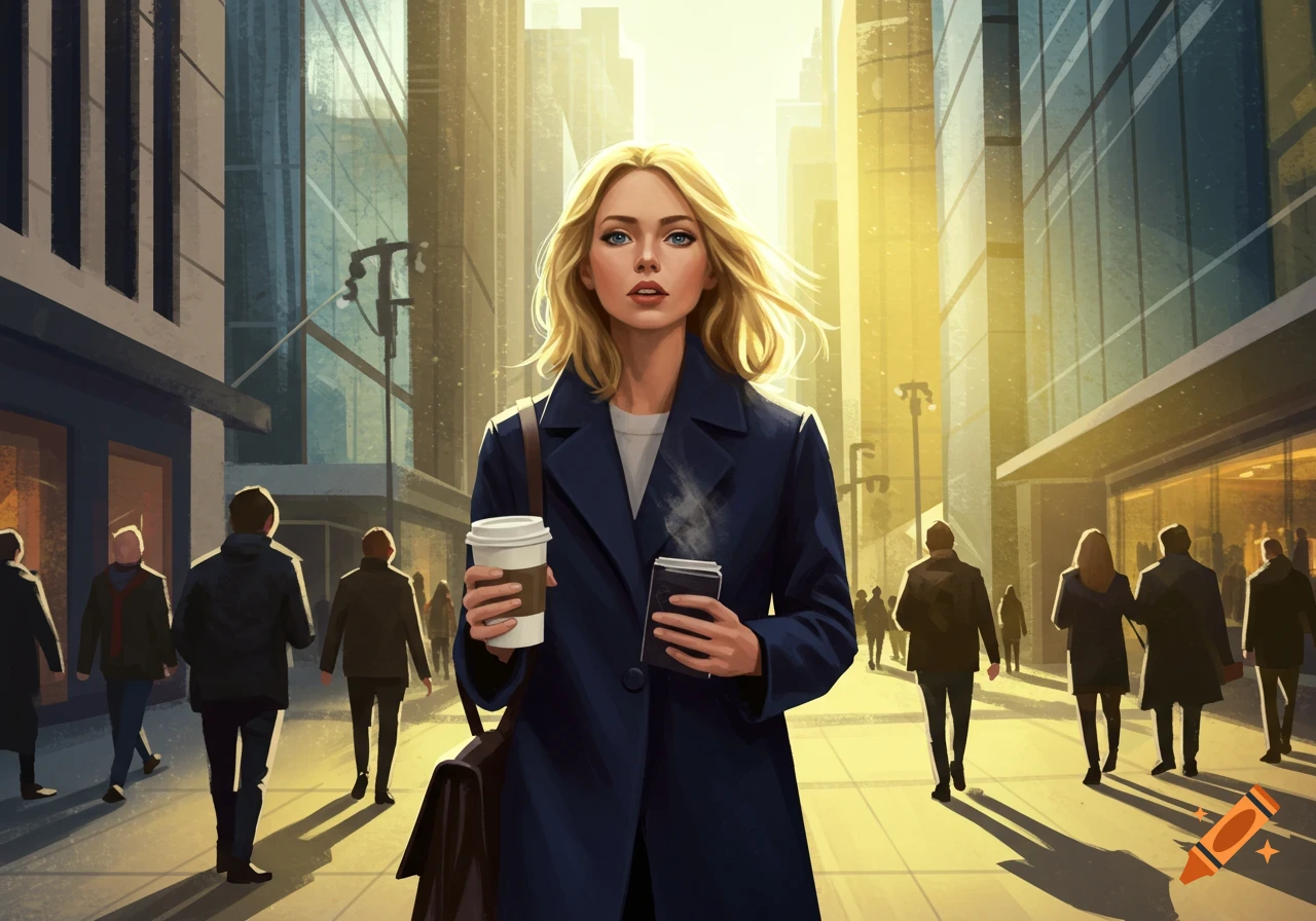 A blonde woman in a navy coat walks down a sunlit city street, holding two coffee cups, in a stylized illustration.