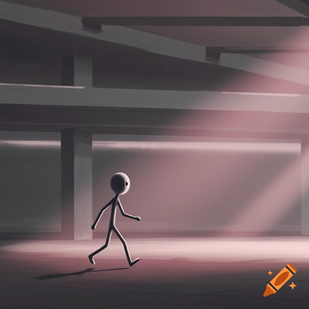 A minimalist stick figure walks through a dimly lit, empty concrete room with light shining from above.