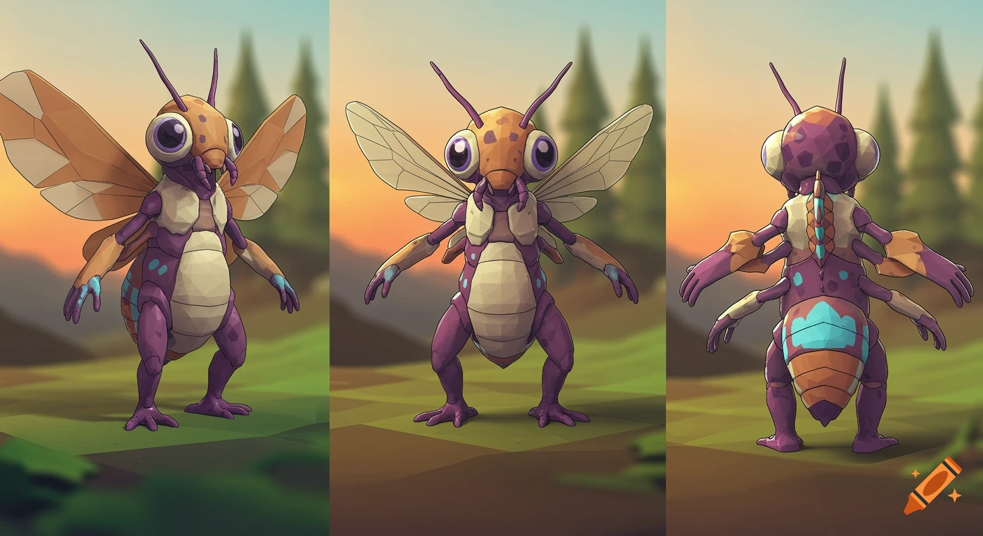 Three full-body views of a purple and orange cartoon insect-like creature with large eyes and wings, set against a blurred outdoor landscape background.