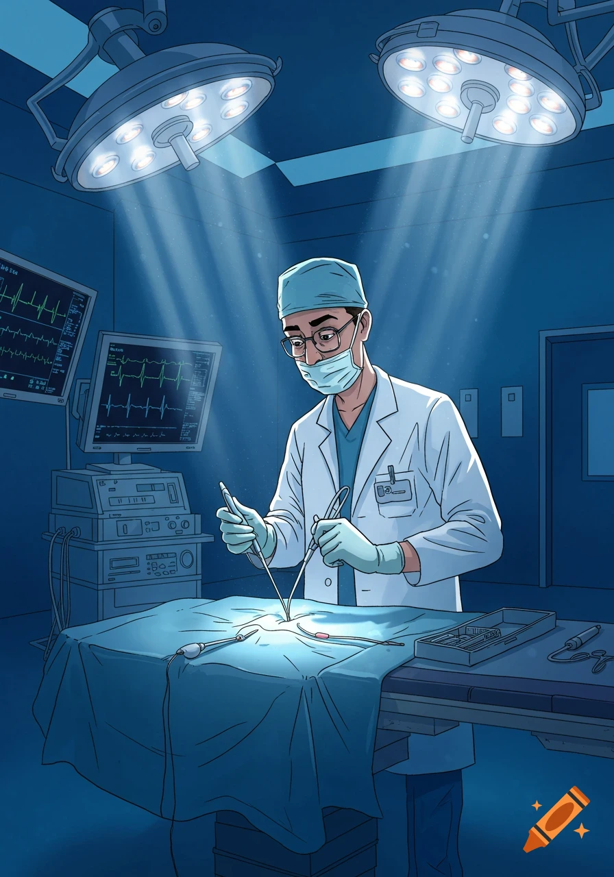 A cartoon of a doctor performing surgery in a blue operating room under bright lights, with medical monitors in the background.