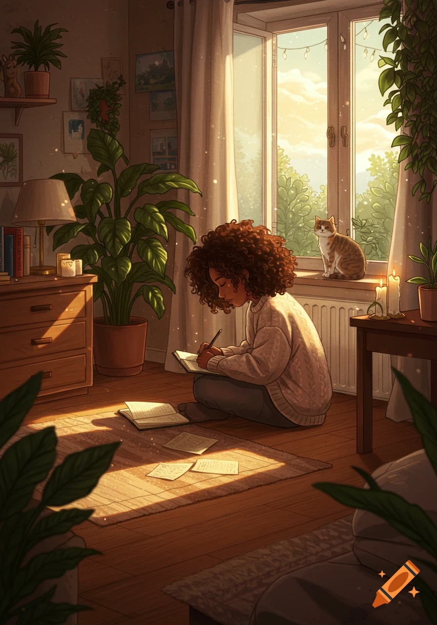 An illustration of a brown-skinned girl with curly hair journaling on the floor of a cozy, sunlit room with plants and a cat on the windowsill.