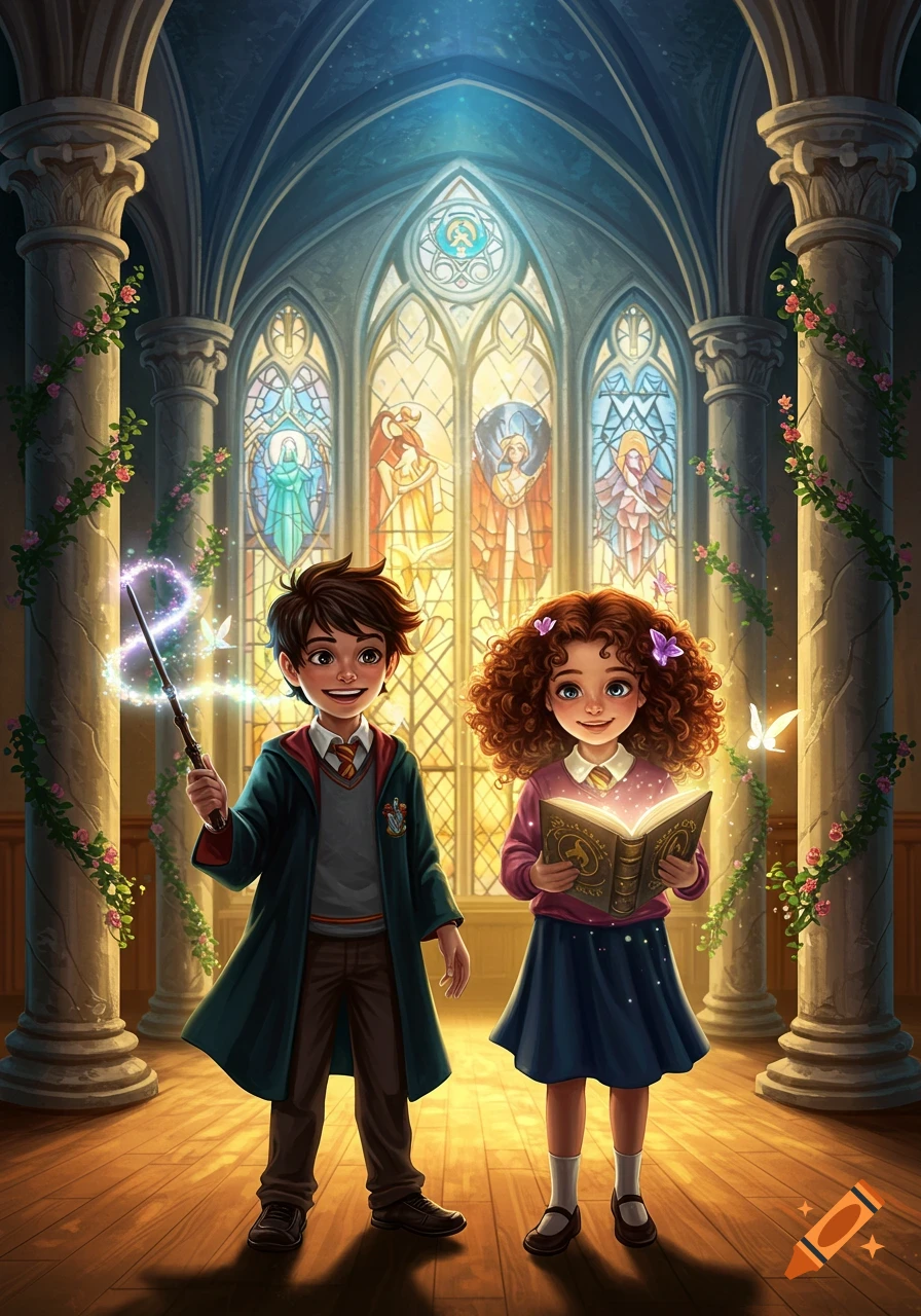 Cartoon boy with a magic wand and girl with a glowing book in a grand hall with stained glass windows and rose-covered pillars.