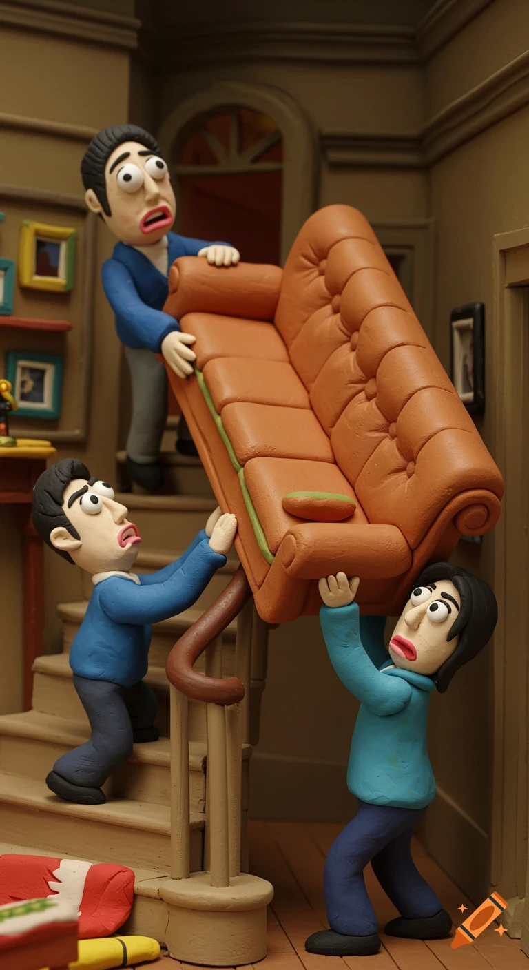 Three claymation characters with exaggerated expressions struggle to move a large brown couch up a narrow staircase.