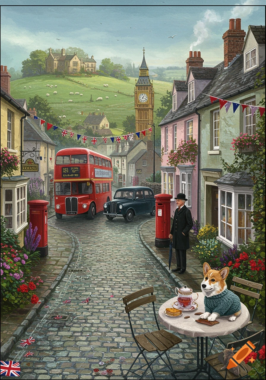 A charming, idyllic British street scene with a red double-decker bus, red post boxes, and Big Ben in the background. A corgi in a sweater sits at an outdoor cafe table with a teacup, while a man stands nearby.