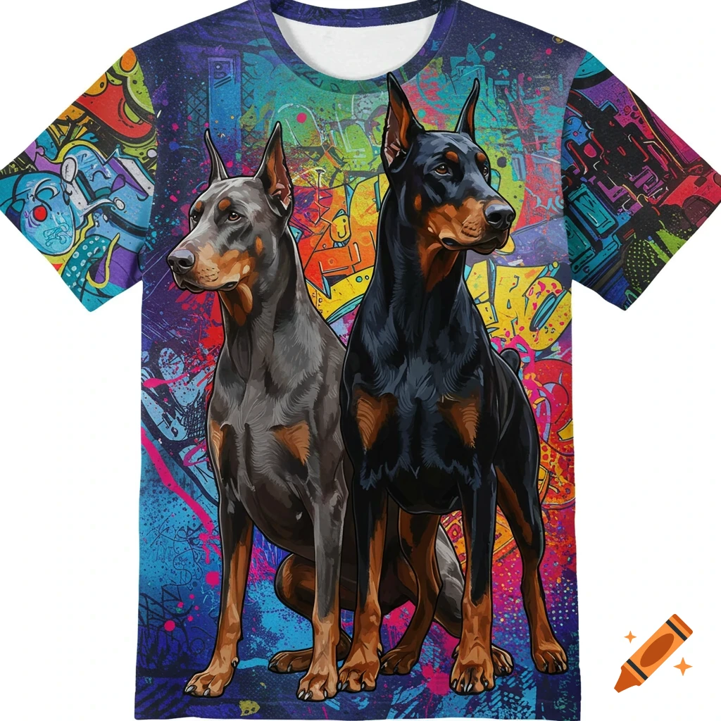 A t-shirt featuring a grey and a black Doberman dog against a vibrant, colorful graffiti background in a streetwear style.