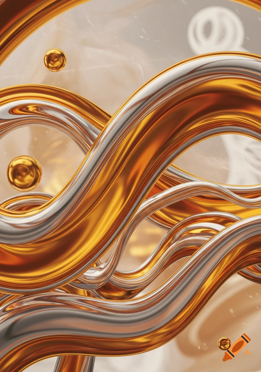 Abstract shiny golden and silver metallic waves intertwine on a light background.