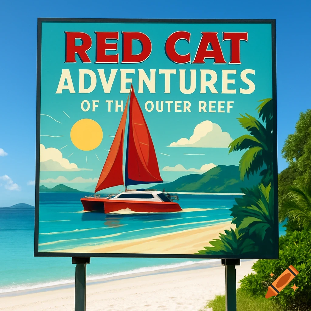 A billboard for 'RED CAT ADVENTURES OF THE OUTER REEF' on a tropical beach with a red catamaran on the water.