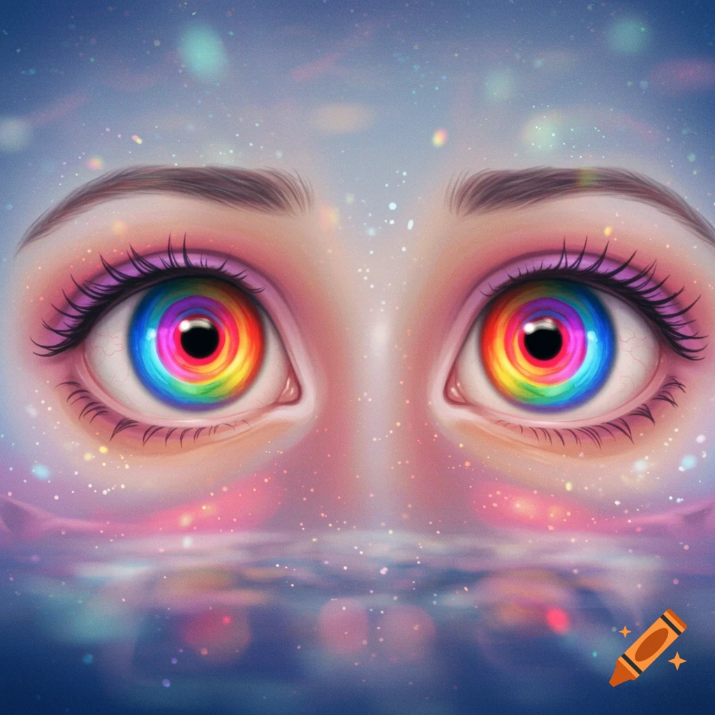 Close-up of two human eyes with vibrant rainbow-colored irises, set against a dreamy, sparkling blue and pink background.