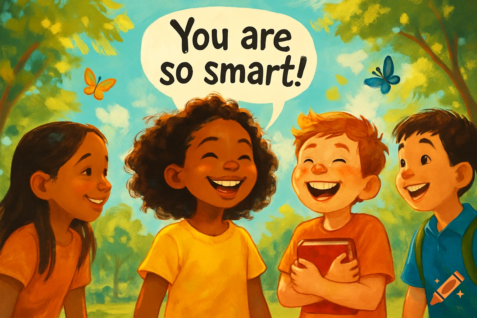 A colorful illustration of four diverse, smiling children outdoors. A speech bubble above them reads, 'You are so smart!'