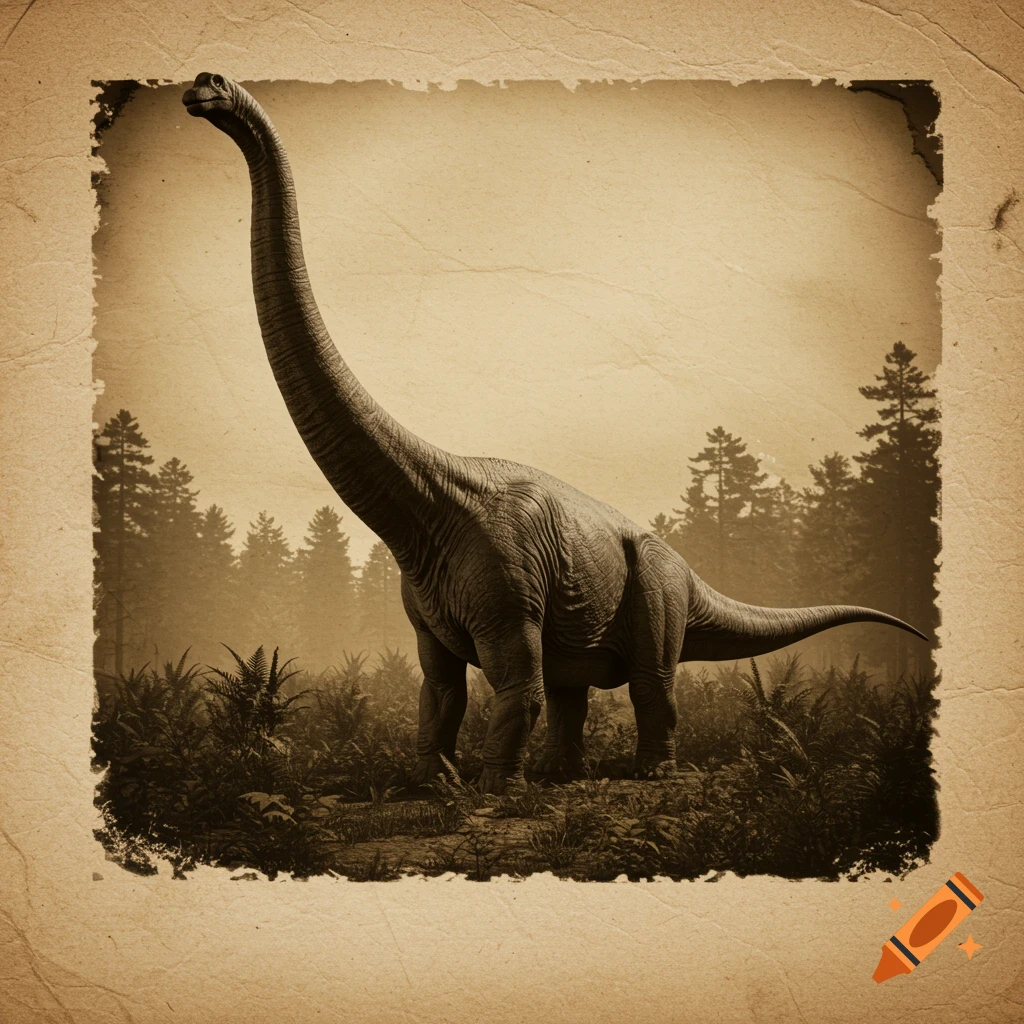 A sepia-toned image of a long-necked dinosaur standing in a dense jungle, depicted as an aged, distressed photograph.