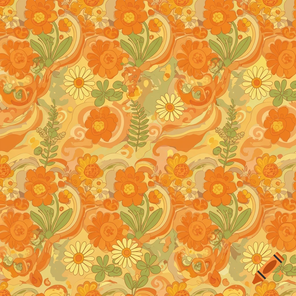 A vibrant seamless pattern with orange and yellow flowers, green leaves, and swirling abstract shapes in a 1970s retro style.