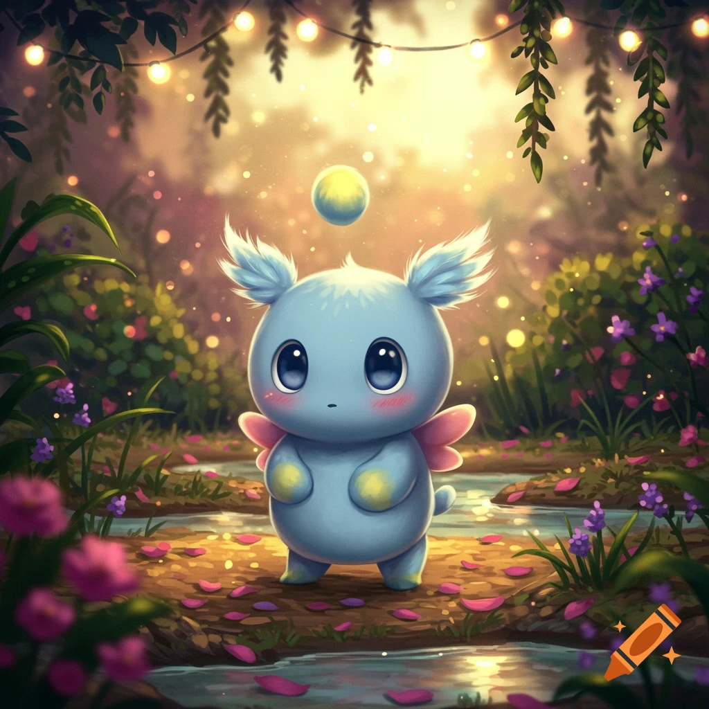 A cute, light blue, chao-like creature with pink wings and fluffy ears stands bashfully in a magical, glowing forest.