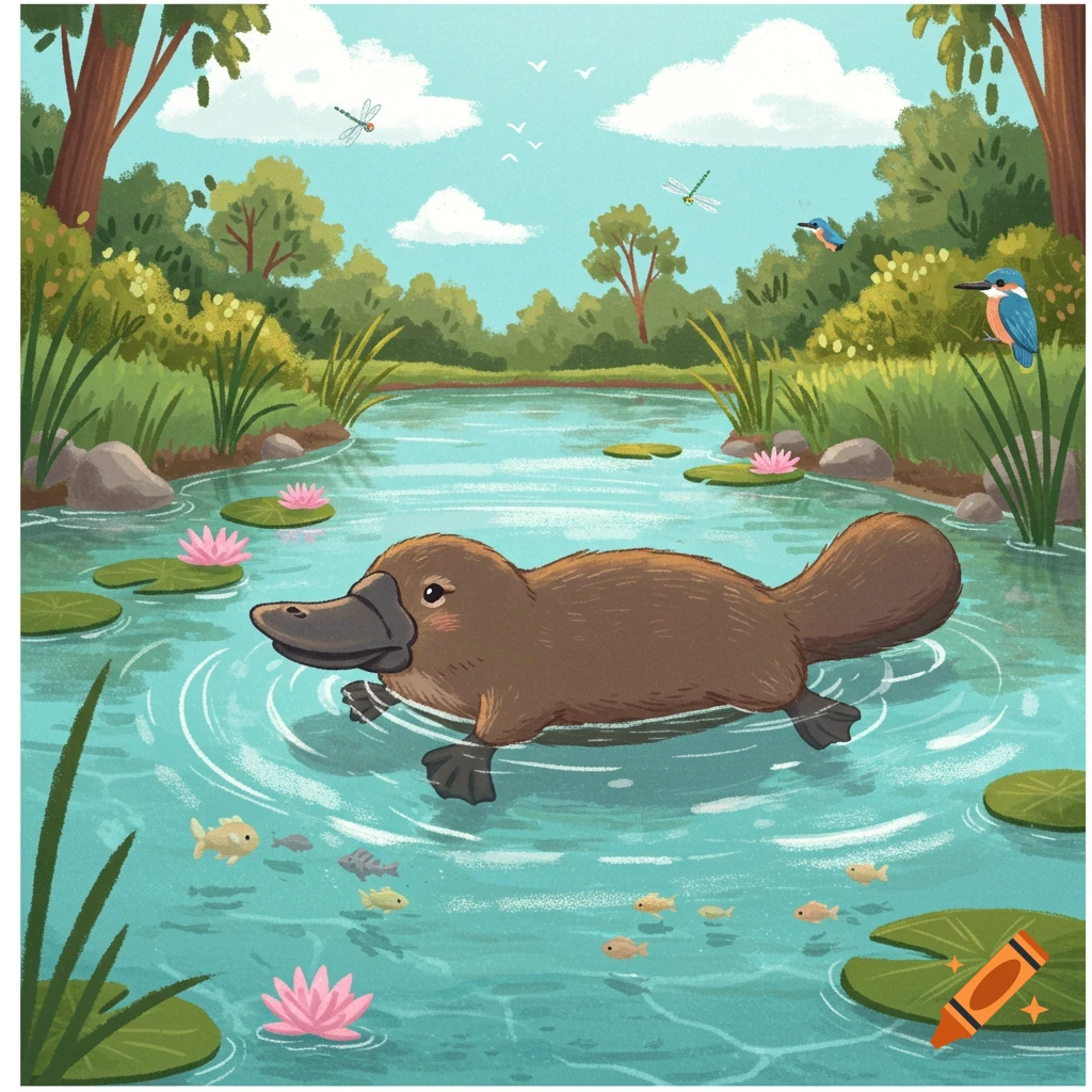 A cartoon platypus swims in a bright blue pond with pink water lilies and fish, surrounded by lush green trees and flying dragonflies.