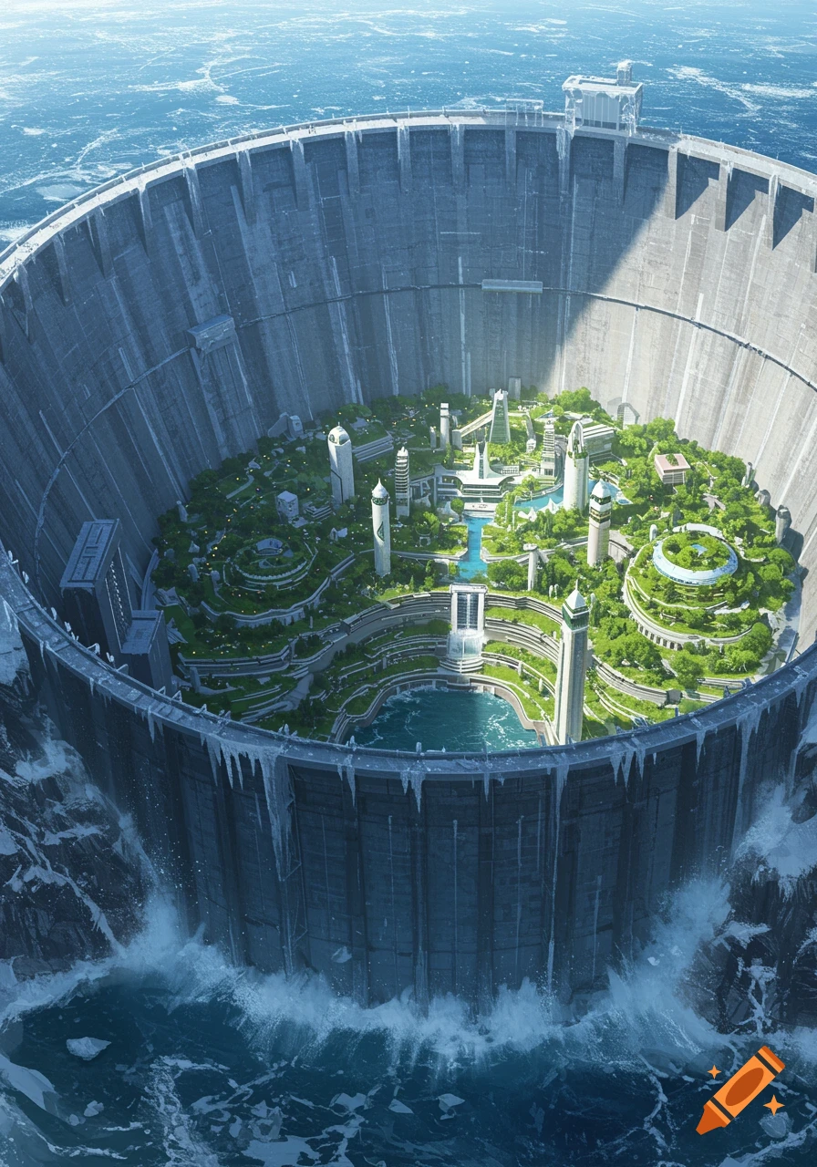 A futuristic circular city with green spaces and tall buildings contained within a massive concrete dam, surrounded by a frozen, turbulent ocean.