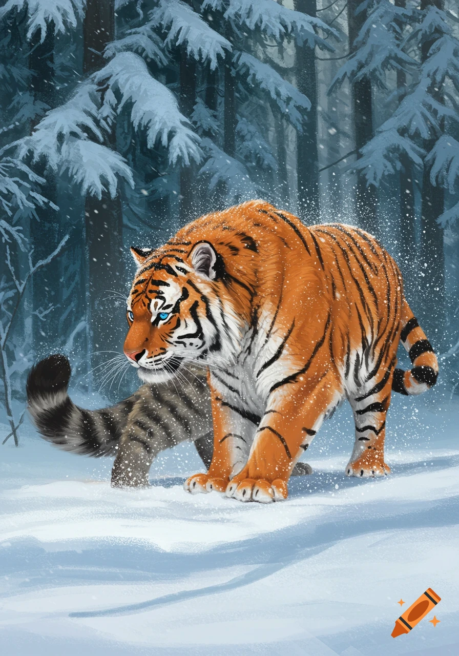 A powerful orange and white tiger with blue eyes emerges from a grey cat, surrounded by snow and pines in a winter forest.