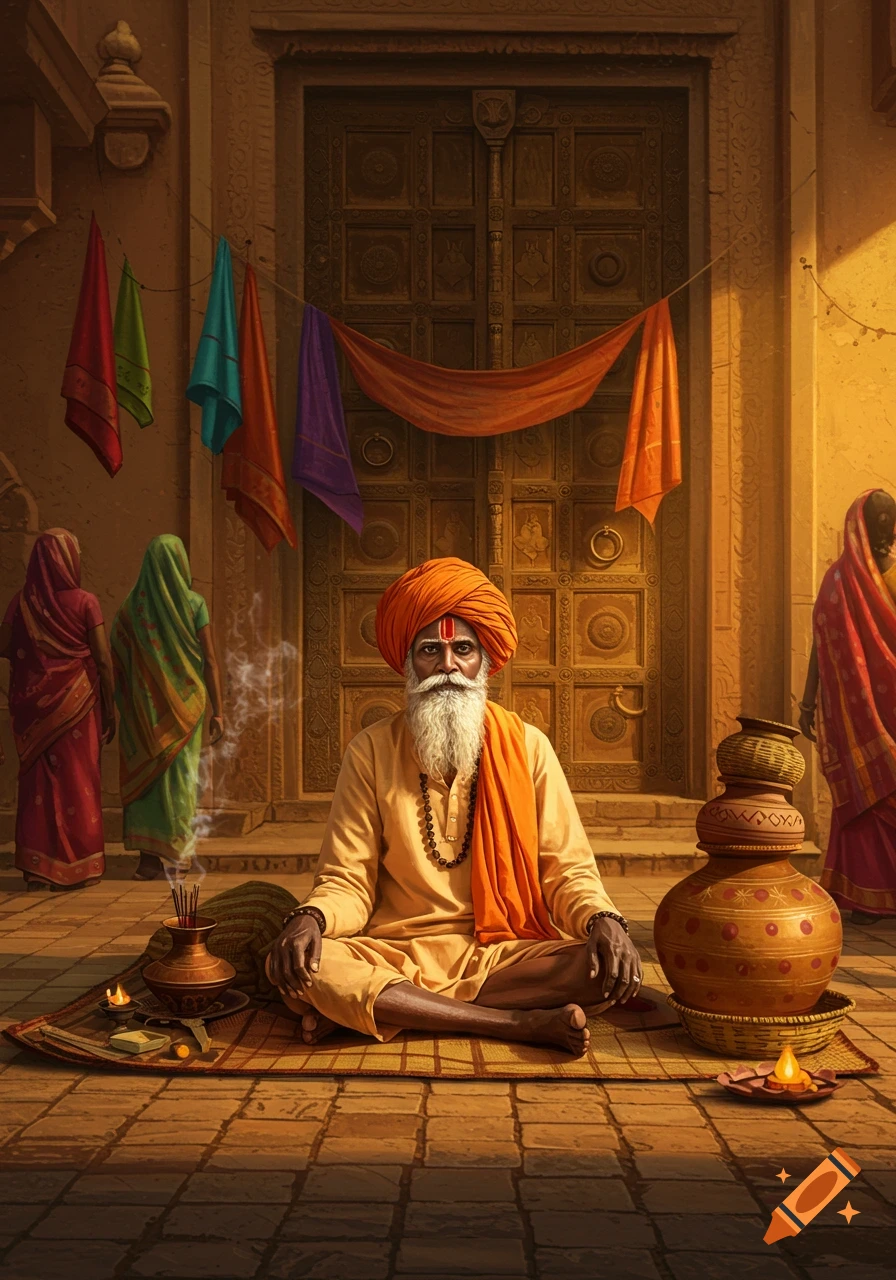 An old Indian man with a white beard and orange turban sits cross-legged on a mat in front of a carved wooden door, with traditional cloths and pottery around him.