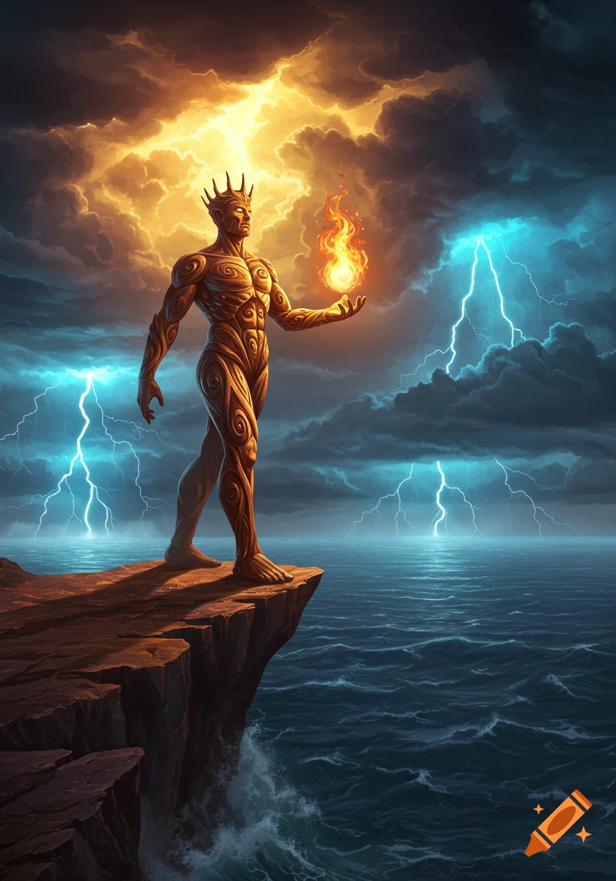 A powerful, stylized figure resembling a statue stands on a cliff holding fire, with lightning and stormy seas under a split orange and blue sky.