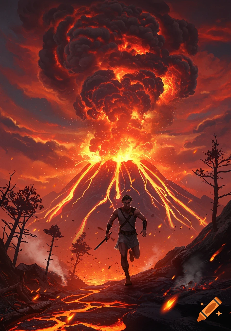 A man runs from a massive volcanic eruption with flowing lava and fiery clouds.