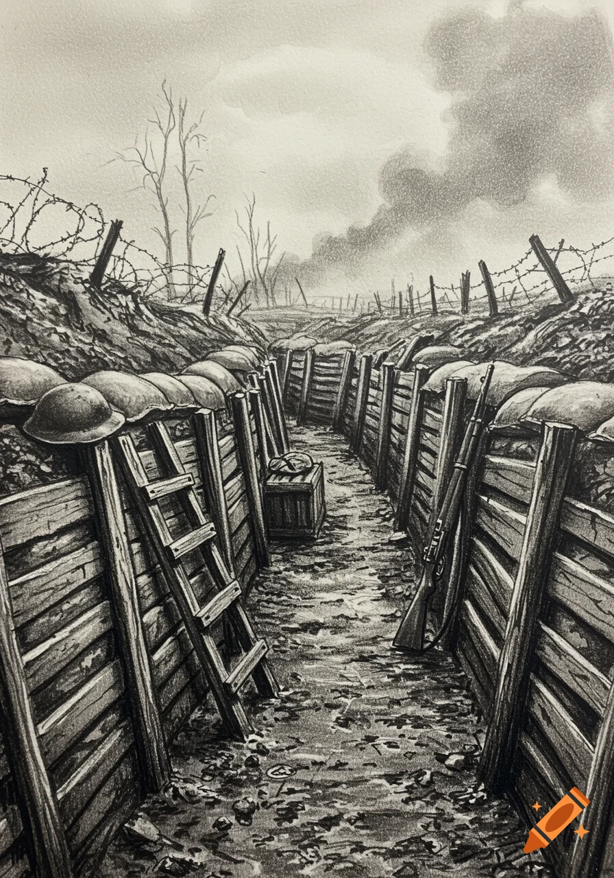 A charcoal sketch of a World War I trench scene with sandbags, a ladder, a helmet, and a rifle, under smoky skies.