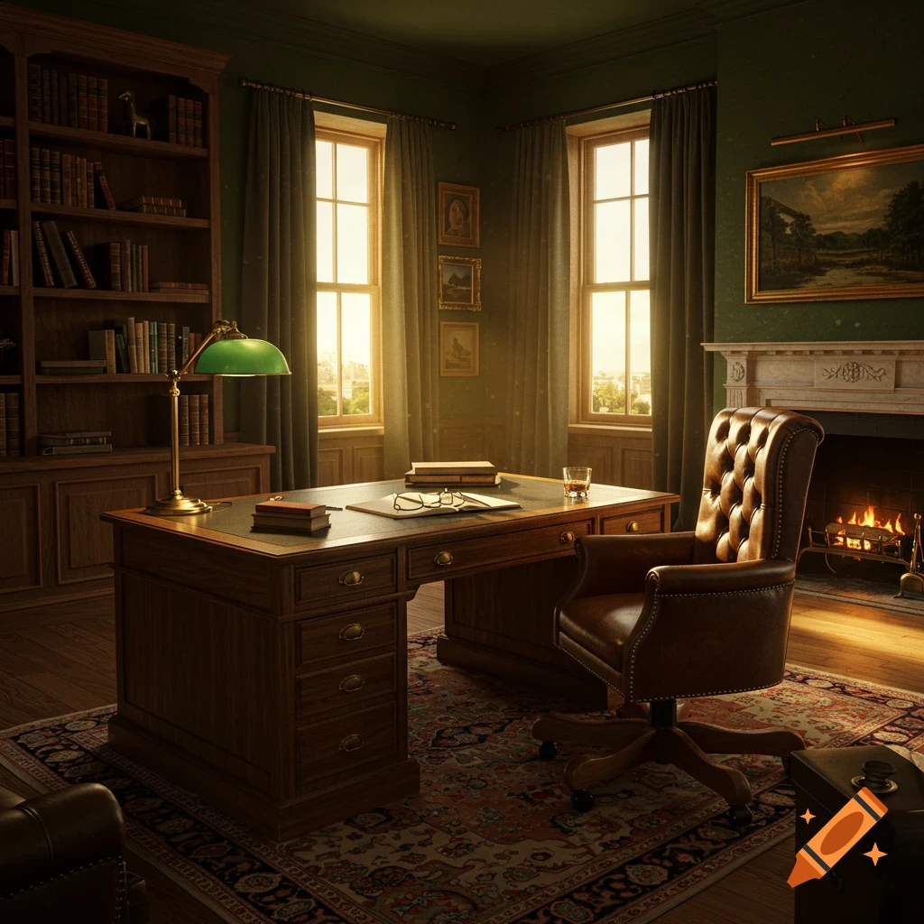 A warm, golden-lit home office with a large oak desk, leather chair, bookshelves, and a fireplace.