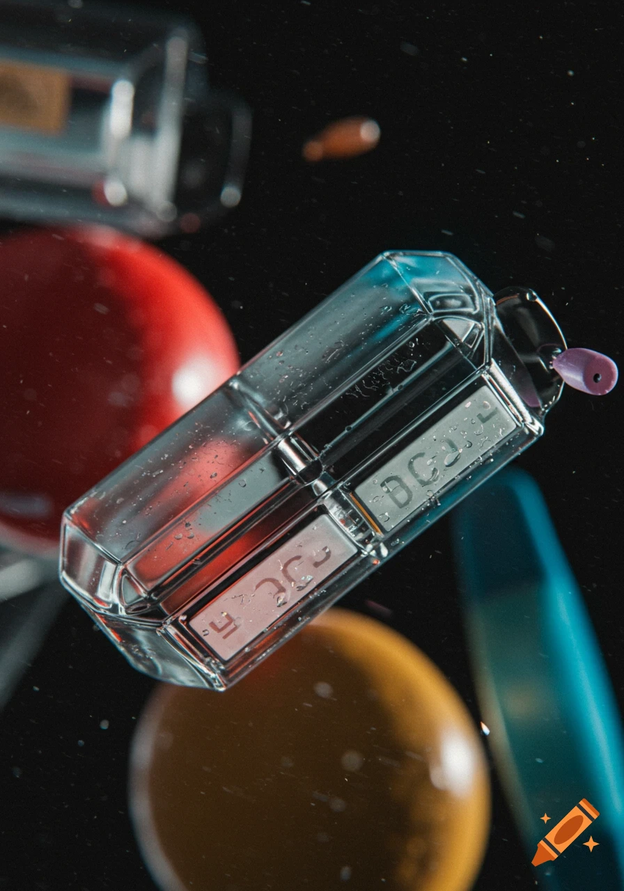 Close-up of a transparent, geometric object covered in water droplets, floating against a dark background with blurred red, yellow, and blue shapes. The object features indistinct text characters.