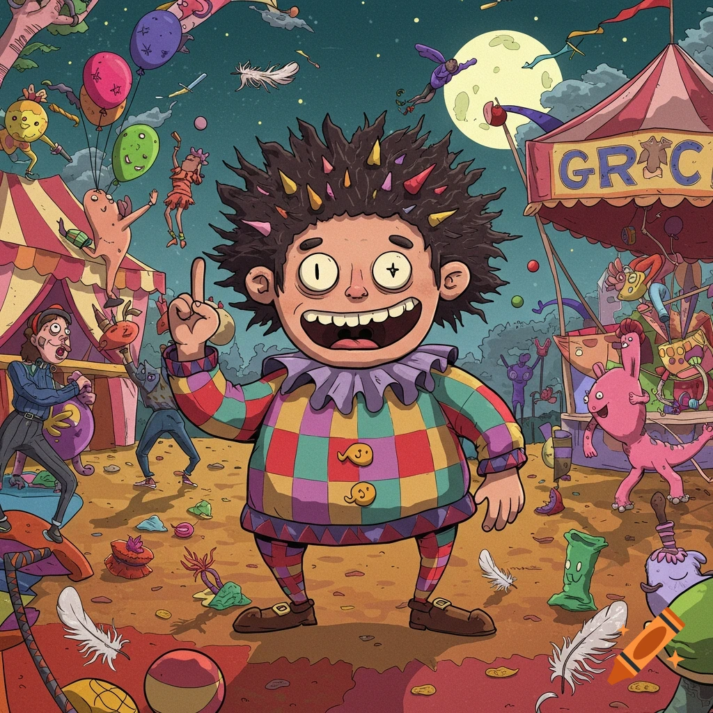 A grotesque, smiling clown-like character with spiky hair and a checkered outfit stands in a chaotic, creepy carnival scene at night, surrounded by bizarre figures and tents under a full moon.